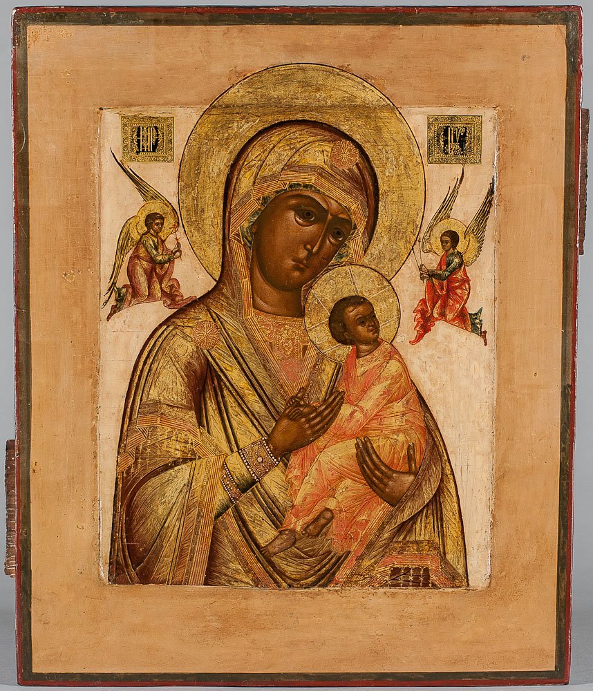 Russian Icon, pasion Mother of god, Ca. 1800: Russian icon, Pasion Mother of God18th Century Palekh. Egg tempera, gold leaf and gesso on wood panel, kovcheg. Two oak splints in the back. Icon has light restoration after the romoval of the cover (