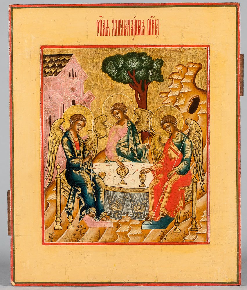 Russian Icon Old Testament Trinity, Early 19th C.: Russian Icon Old Testament Trinity, early 19th Century, most likely Romanov-Borisoglebsk Old Belivers workshop. Egg tempera, gold leaf and gesso on wood panel, kovcheg. Two splints in the back. Excell