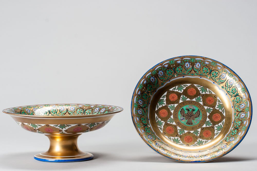 Two old Russian Cake Stands w/ imperial eagle: Two old Russian Cake Stands w/ imperial eagle. Has some restoreations older restorations. SIZE: 8 2/4 inches (22cm) x 3 1/2 inches (9cm)