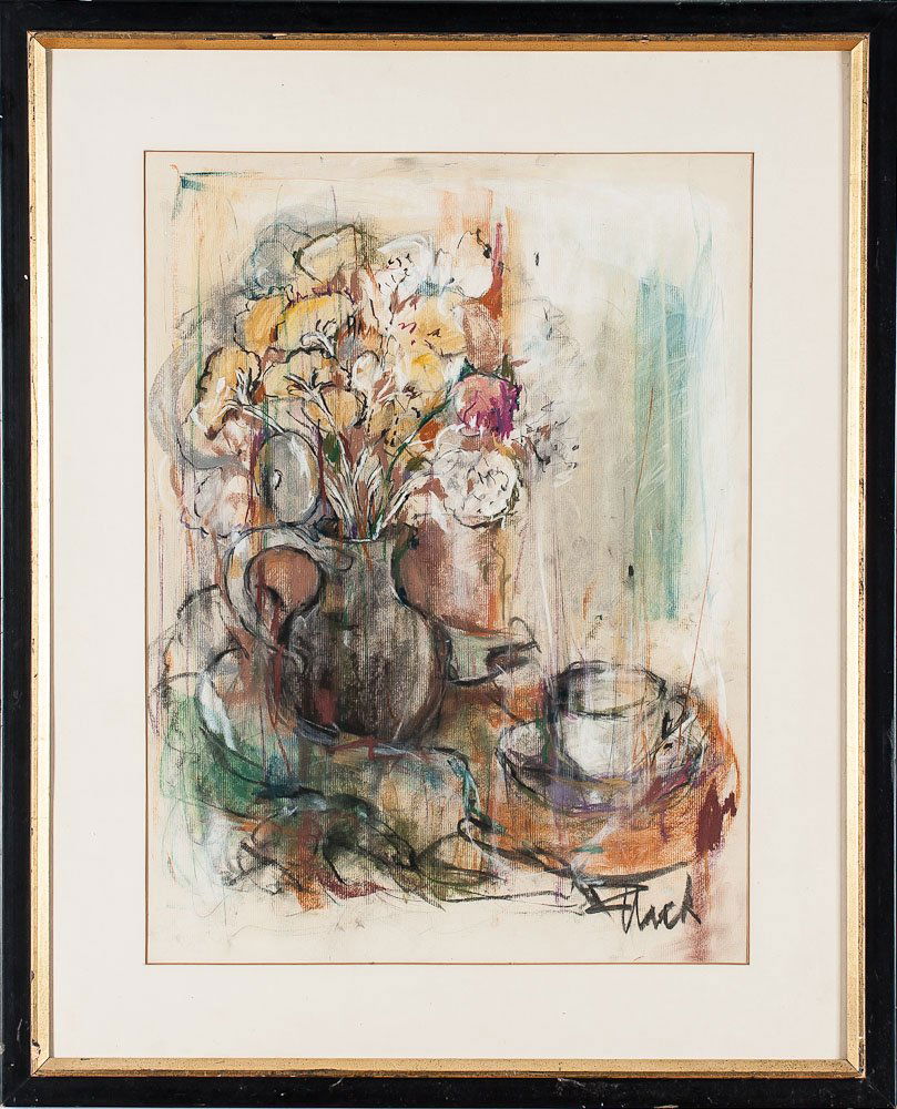 20th C. Still Life Pastel Painting by Audrey Flack: Still life pastel on paper by Audrey Flack, 1958. Signed by artist. SIZE: With Frame: 32 inches (81cm) x 26 inches (66cm)