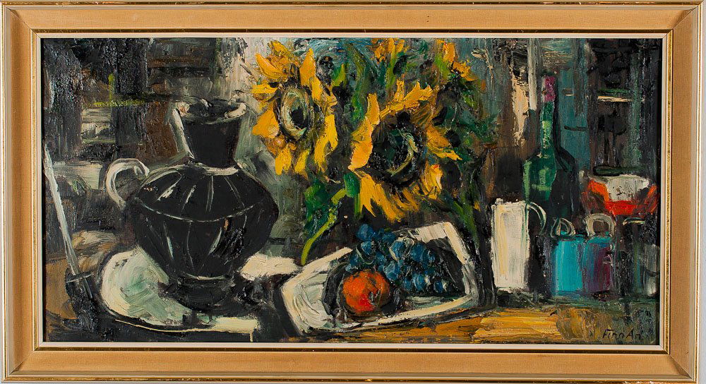 20th C. Dutch Oil Painting by Finn Andersen: 20th C. Dutch still life of Sunflowers, oil on canvas by artist Finn Andersen, (1909-1987). Signed Finn An. SIZE: Without Frame: 16 1/2 inches (42cm) x 33 inches (84cm) With Frame: 20 inches (51cm) x