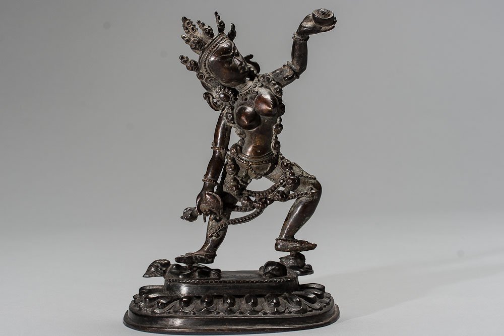 ca. 1800 Hindu Bronze Statute: Hindu/Buddhist bronze statute on stand. Size: Height: 7.5 inches (9cm)