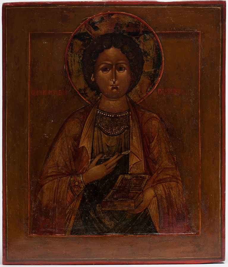 A RUSSIAN ICON OF ST. PANTELEMON, 19TH C.: A Russian icon of St. Pantelemon, 19th century. Egg tempera, gold leaf and gesso on wood panel. Two insert splints on the back. SIZE: 12 1/4 x 10 1/4 in (31 x 26 cm).
