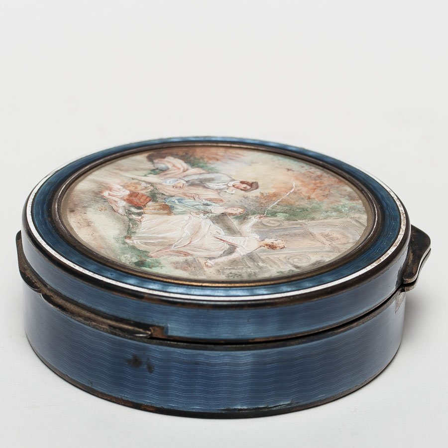 A French Silver & Enamel Box, 19th C.: A French silver-gilt and enamel box with miniature, 19th century, hallmarked. SIZE: D 3 1/2 in (9 cm); weight 6.91 oz t (215g).