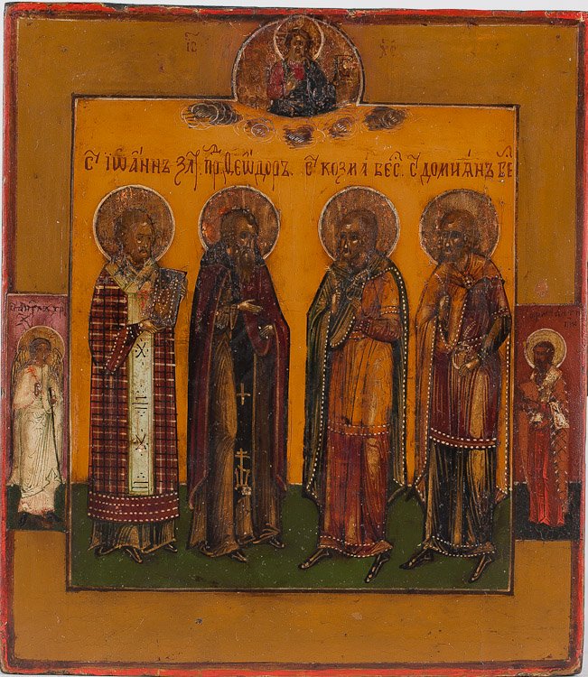A Russian Icon Of Selected Saints: A Russian Icon of Selected Saints, 19th century. Egg tempera and gesso on wood panel, two splints in the back. SIZE: 7 x 6 1/8 in (18 x 15.5 cm).