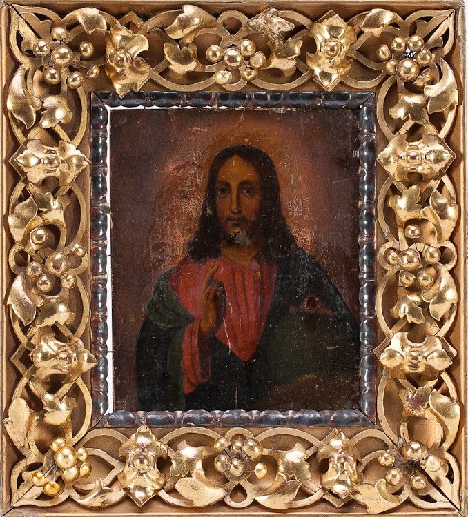 A Russian Icon Of Christ Pantocrator: A Russian icon of Christ Pantocrator 19th century, Central Russia, with wooded gilded frame. Egg tempera and gesso on wood. SIZE: 10 1/4 x 8 1/2 in (26 x 21.5 cm)