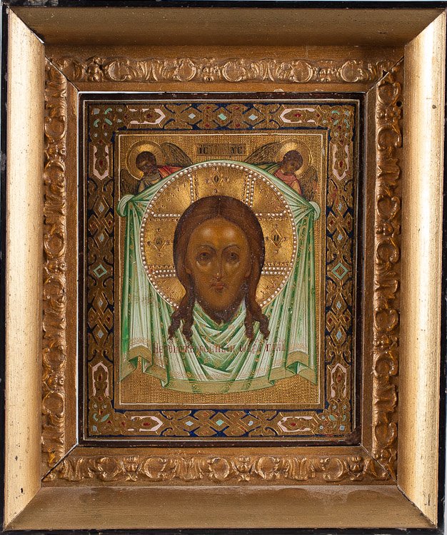 A Russian Icon Of Not Made By Hands, Mstera, 19th c.: A Russian icon of The Image Not Made By Hands, 19th century, Mstera. Egg tempera, gold leaf and gesso on wood panel, simulated enamel on the boarder. SIZE: 10 1/4 x 8 5/8 in (26 x 22 cm)