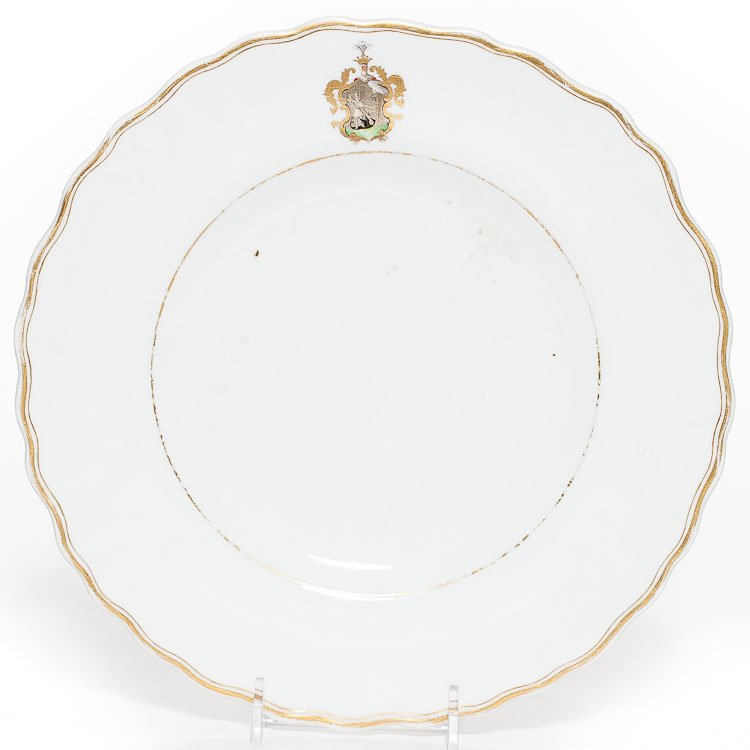 A Russian Armorial Plate, Imperial Porcelain Factory: A Russian porcelain armorial plate by Imperial Porcelain Factory, period of Nicholas I, decorated with coat-of-arms of Count Yazykov and scalloped gilt rim. Manufacture's mark in the back in blue. SIZ