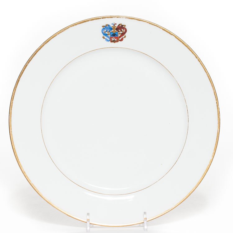 A Russian Porcelain Armorial Plate, Imperial Factory: A Russian porcelain armorial plate, by Porcelain Factory, period of Nicholas I, 1910, decorated with coat-of-arms of Count Sabaneev and gilt rim. Manufacture's mark on the back in green. SIZE: Diamete