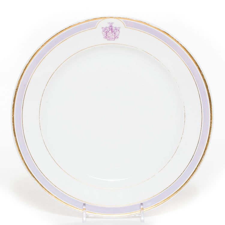 A Russian Porcelain Armorial Plate, Imperial Factory: A Russian porcelain armorial plate by Imperial Porcelain Factory, period of Alexander II, decorated with coat-of-arms of Count Korobkov and gilt rim with lilac background. Manufacture's mark in the ba