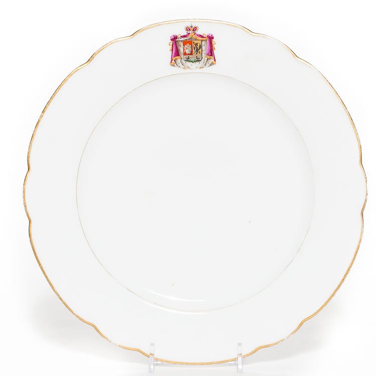 A Porcelain Armorial Plate, Boyer Limoges: A porcelain armorial soup bowl by Boyer Limoges Porcelain decorated with coat-of-arms of Russian Grand Duke Obolensky and gilt scalloped rim. Manufacture's mark in the back in red. SIZE: Diameter 10 1