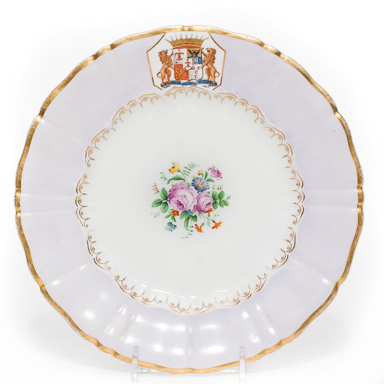 A Russian Porcelain Armorial Plate, Imperial Factory: A Russian porcelain armorial plate by Imperial Porcelain Factory, period of Nicholas I, decorated with coat-of-arms of Russian Count and gilt scalloped rim. Under base is a mark of manufacture in blue