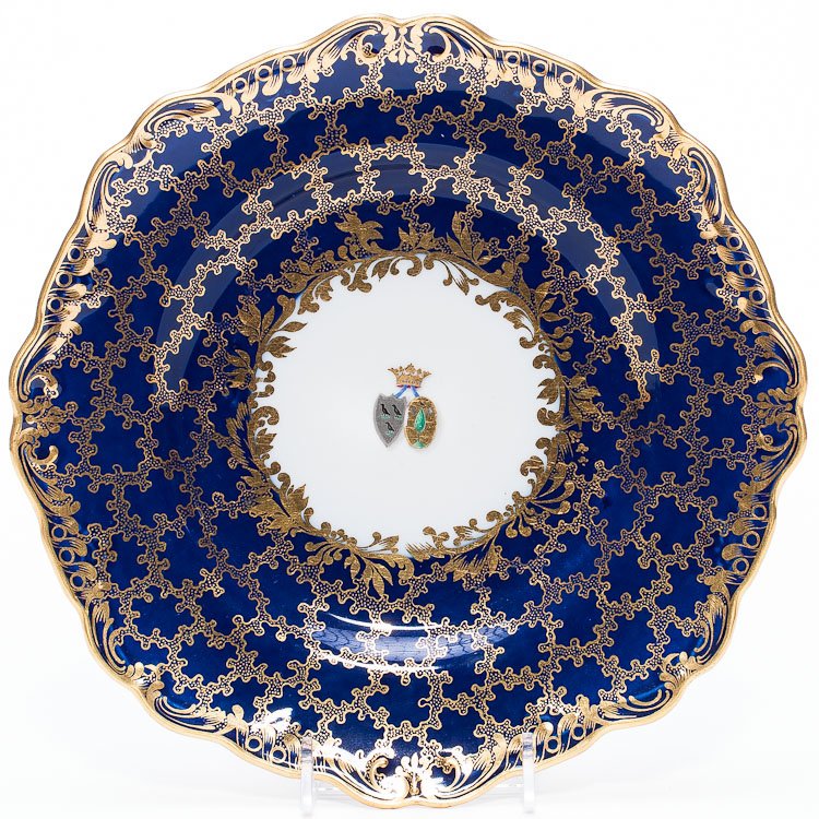 A Russian Porcelain Armorial Plate, Imperial Factory: A Russian porcelain armorial plate by Imperial Porcelain Factory, period of Nicholas I, decorated with marriage coat-of-arms in the center. Manufacture's mark in the back. SIZE: Diameter 9 5/8 in. (24