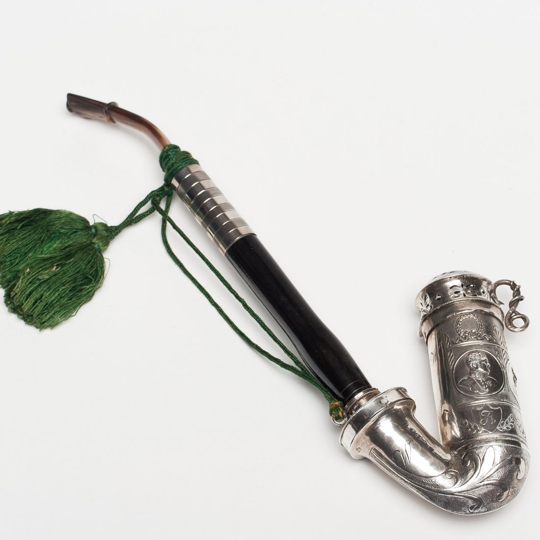 An English Silver & Ebony Smoking Pipe, 19th C.: An English silver and ebony smoking pipe, 19th century. SIZE: Length 9 3/4 in (24.7 cm).