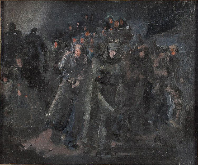 A Oil On Canvas, Drevin: An oil on canvas 'Group of men at night' , Drevin. SIZE: 16 1/8 x 19 1/4 in (41 x 49 cm).