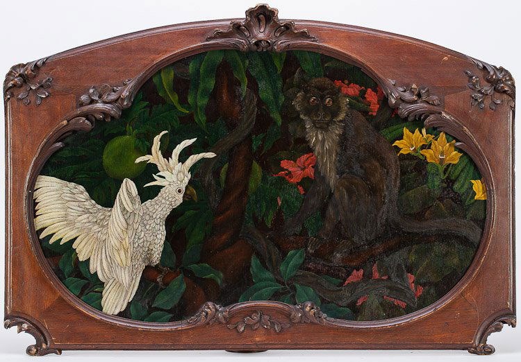 A Russian Painting, Nikolai P. Agapoff: An oil on board 'Parrot and Monkey, found in a jungle', Nikolai Petrovich Agapoff (Russian, 1899), signed lower right. SIZE: 21 5/8 x 38 1/4 in (55 x 97 cm).