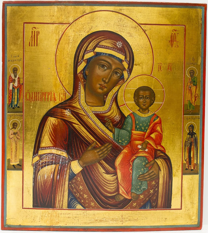 A RUSSIAN ICON OF MOTHER OF GOD, VIRGIN HODEGETRIA: A Russian icon of Mother of God, Virgin Hodegetria, 19th century. Egg tempera, gold leaf and gesso on wood. Two splints in the back. SIZE: 13 3/4 x 12 3/8 in (35 x 31.4 cm).