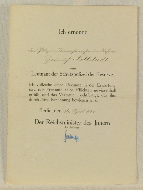 Autographs - Daluege, Kurt.: Autographs - Daluege, Kurt. (1897-1946). SS-Obergruppenführer and Generaloberst of the Police, Chief of the Police, also Reichsprotektor in Böhmen and Mähren. Autograph on Promotion document of 19.