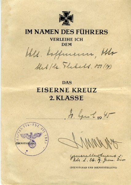 Germany (1933-1945) Iron Cross1939 2. class document to: Germany (1933-1945) Iron Cross1939 2. class document to Oblt. Otto Hoffmann of Stab / leichte Flakabt. 851 (sf). Form folded issued 30.4.1945 sealed OU Gen. Lt. u. Kdr. d. 26. Pz.-Gren. Div. Victor Le
