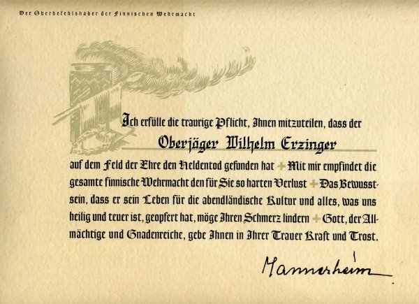 Germany (1933-1945) Documentestade of OberjÃ¤ger Josef : Germany (1933-1945) Documentestade of OberjÃ¤ger Josef (Willi) Erzinger 6./ GebirgsjÃ¤ger-Regiment 139. - Heros Death Certificate (1.1.43 OU) - Finnland: Heros Death Certificate (FU) - Eastern Fro