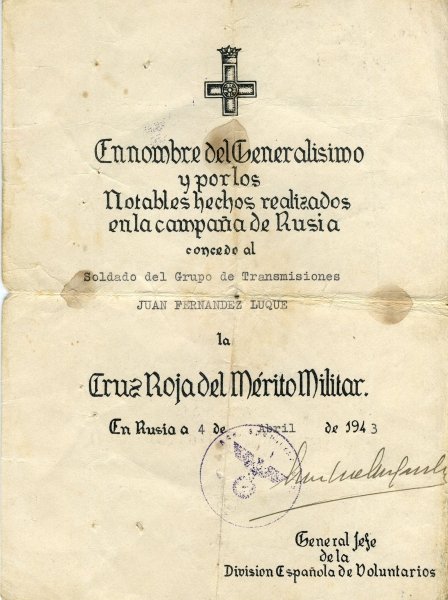 Spain Military Merit Order red division document for th: Spain Military Merit Order red division document for the soldier of the signal troops Juan Fernandez Luque. Form folded stained issued Russia April 4th 1943 sealed OU Generalleutnant u. Division Comma