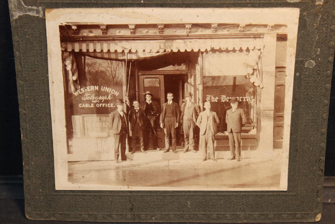 GREAT ADVERTISING PHOTOGRAPH - 7 MEN IN FRONT OF: GREAT ADVERTISING PHOTOGRAPH - 7 MEN IN FRONT OF WESTERN UNION TELEGRAPH OFFICE - APPEARS TURN-OF-THE-CENTURY