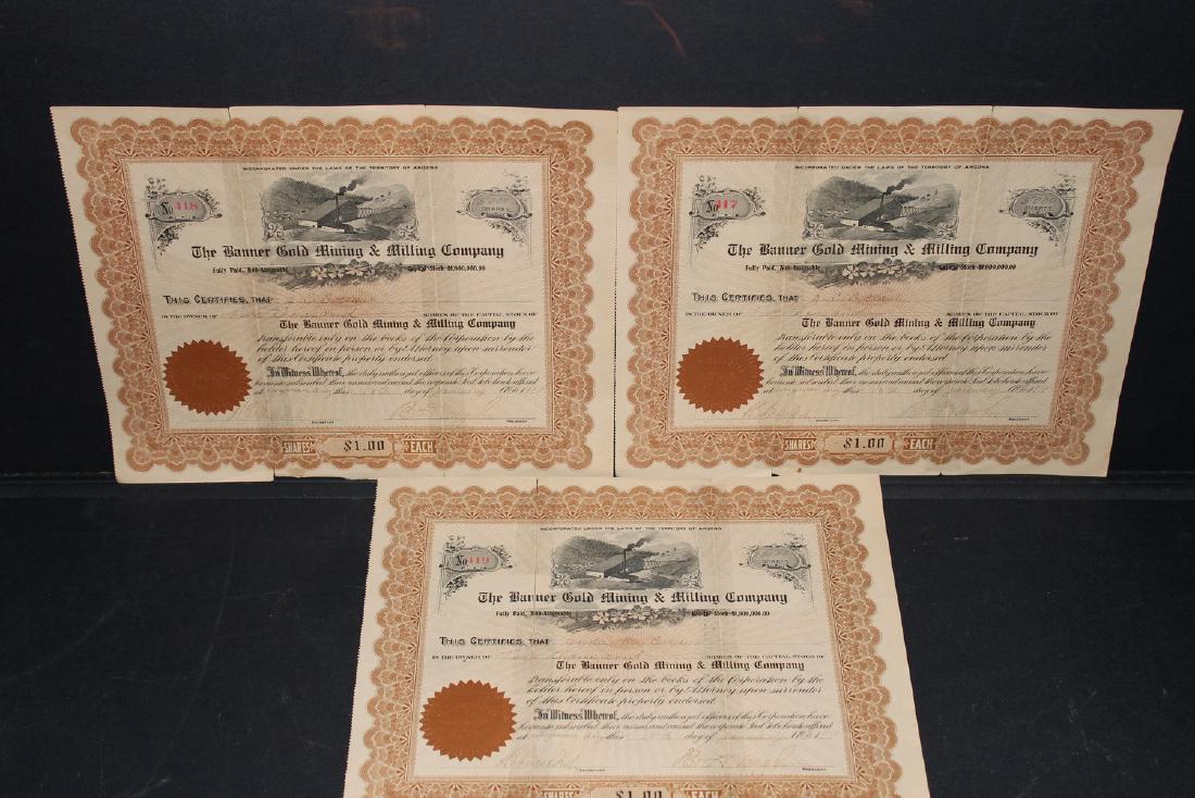 3 STOCK CERTIFICATES - ARIZONA THE BANNER GOLD MINING (1 of 8)