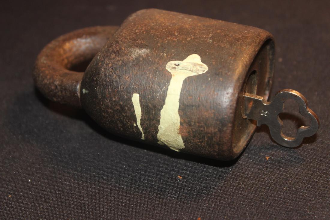 SUPER OLD PADLOCK WITH KEY, SIGNED AND DATED ON LEVER (1 of 3)
