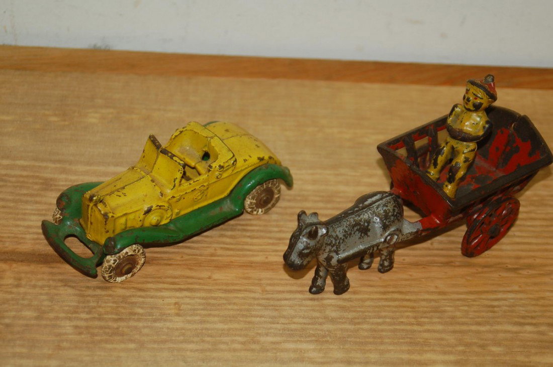 IRON CAR & WAGON W/ DRIVER AND DONKEY - 1 MONEY - : IRON CAR & WAGON W/ DRIVER AND DONKEY - 1 MONEY - EXC. - ORIG PAINT