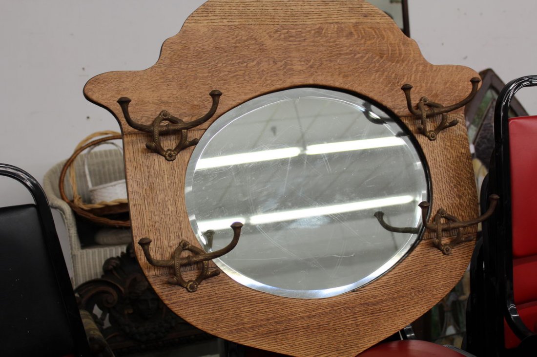 OAK MIRROR W/ HOOKS