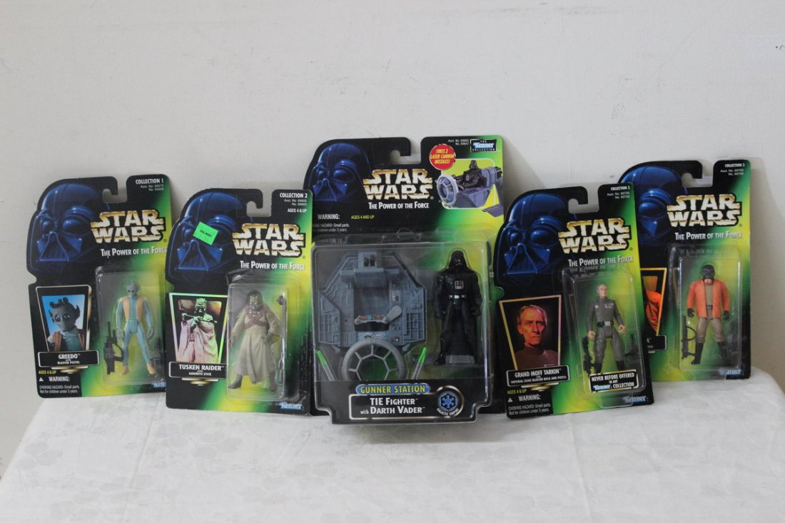 1998 POWER OF THE FORCE GUNNER STATION TIE FIGHTER: 1998 POWER OF THE FORCE GUNNER STATION TIE FIGHTER & DARTH VADER - 4 1996 POWER OF THE FORCE FIGURINES (GREEDO, TUSKAN RAIDER, PONDA BABA & GRAND MOFF TARKIN) - ALL NEW IN ORIGINAL PACKAGE