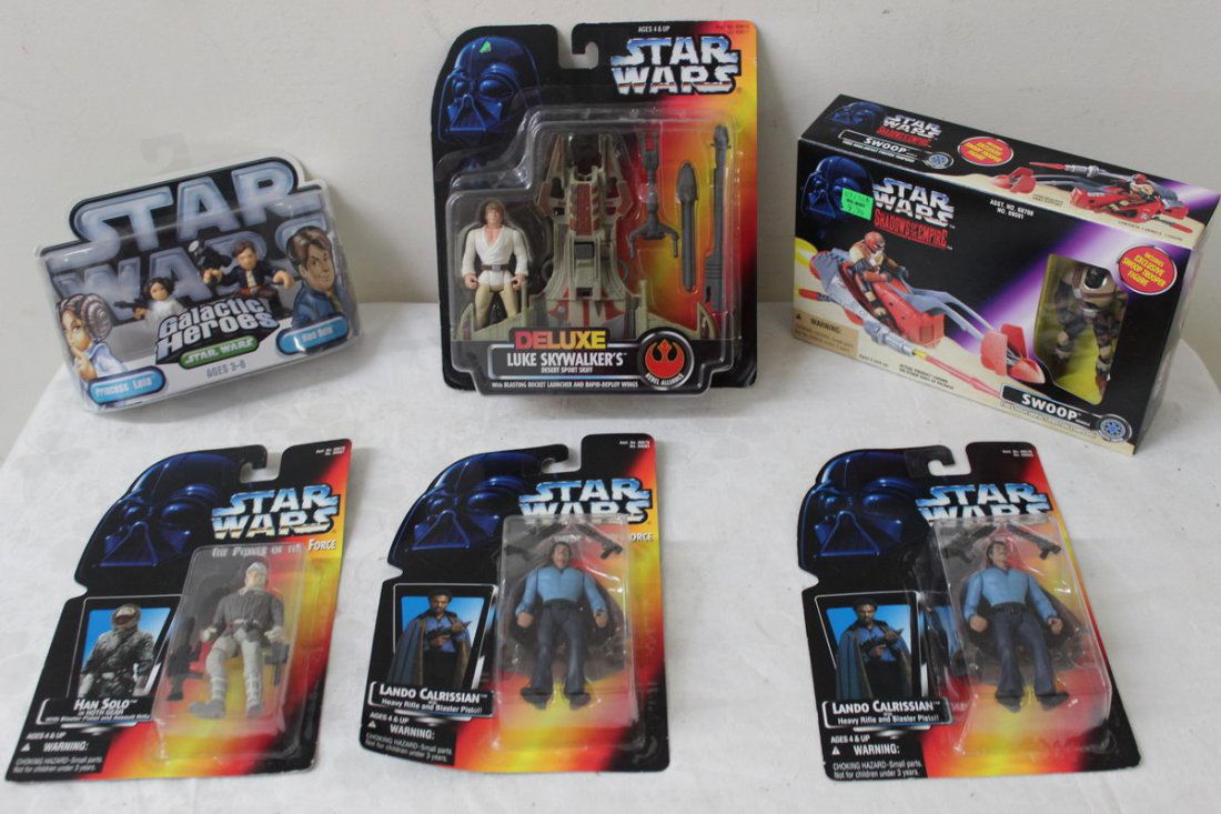 3 1995 THE POWER OF THE FORCE FIGURINES - 2 LANDO: 3 1995 THE POWER OF THE FORCE FIGURINES - 2 LANDO CALRISSIAN - HAN SOLO - 1996 DELUXE LUKE SKYWALKER DESERTS SPORT SKIFF WITH THE BLASTING LAUNCHER AND RAPID DEPLOY WINGS - 2004 GALACTIC HEROES PRINCE