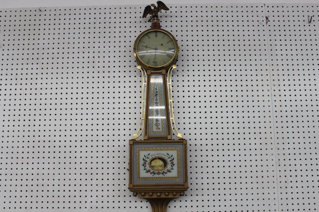 WONDERFUL S. WILLARD BANJO CLOCK WORKING AND ALL OR: WONDERFUL S. WILLARD BANJO CLOCK WORKING AND ALL ORIGINAL - KEY & PENDULUM - GREAT STENCILING - 38 INCH - RIGHT OUT OF THE HOUSE