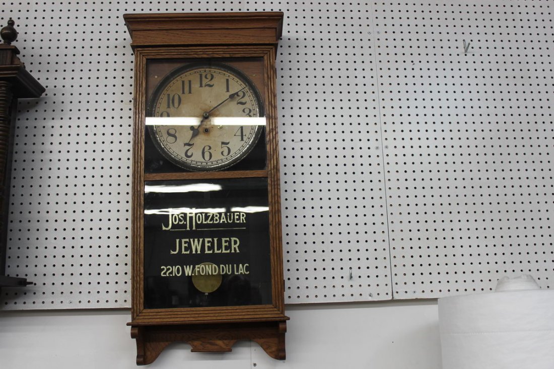 OAK CASED JEWELERS REGULATOR CLOCK WORKS FINE - COM: OAK CASED JEWELERS REGULATOR CLOCK WORKS FINE - COMPLETE WITH KEY AND PENDULUM - HOUSE FRESH BY SESSIONS