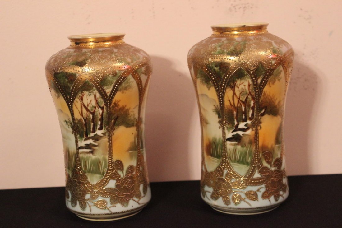 BEAUTIFUL MATCHING PAIR OF NIPPON VASES IN BLUE - M: BEAUTIFUL MATCHING PAIR OF NIPPON VASES IN BLUE - MINT - 9"