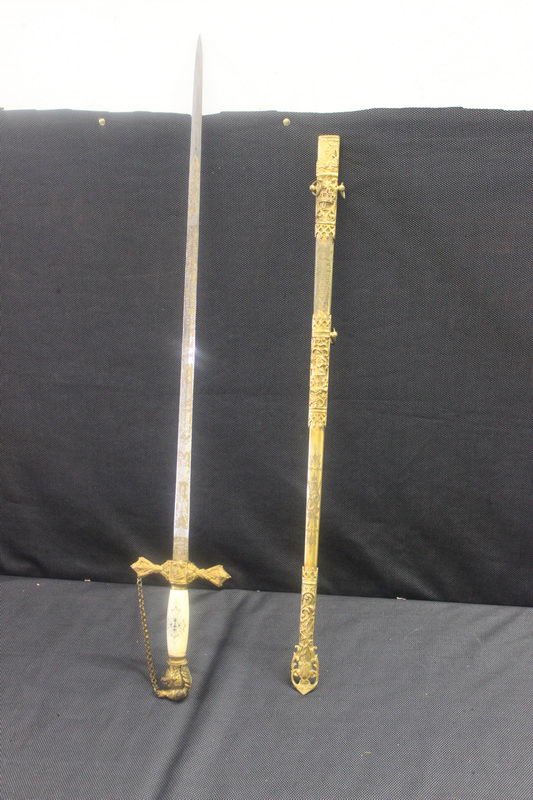 RARE E. A. ARMSTRONG MASONIC PRESENTATION SWORD WIT: RARE E. A. ARMSTRONG MASONIC PRESENTATION SWORD WITH MATCHING SCABBARD AND IVORY TYPE HANDLE