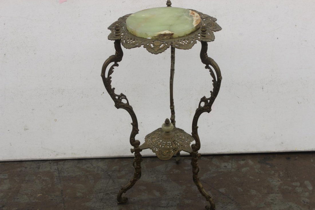 THREE LEGATE IRON AND ALABASTER PLANT STAND - 30" T: THREE LEGATE IRON AND ALABASTER PLANT STAND - 30" TALL - BEAUTY