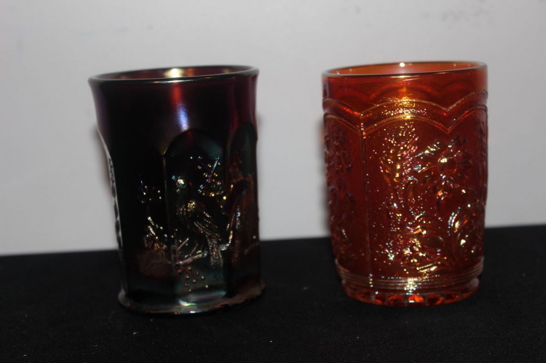 2 CARNIVAL TUMBLERS - PURPLE SIGNED NORTHWOOD - MAR: 2 CARNIVAL TUMBLERS - PURPLE SIGNED NORTHWOOD - MARIGOLD UNSIGNED