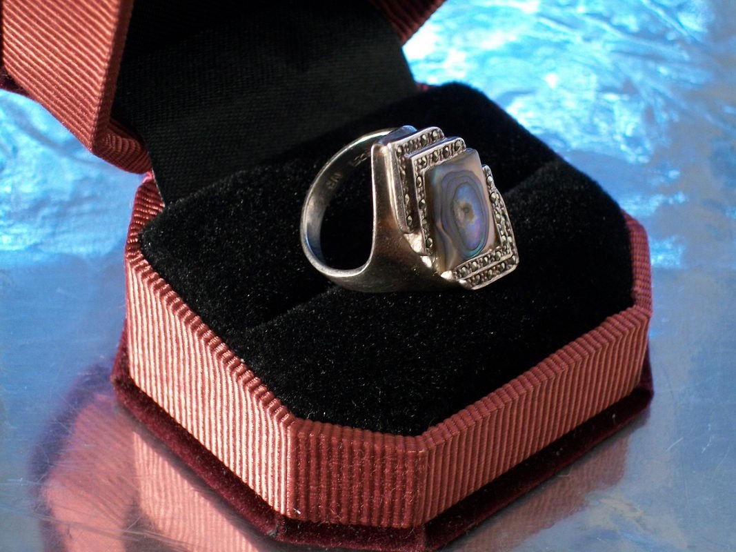 NICE STERLING MARCASITE AND ABALONE RING: NICE STERLING MARCASITE AND ABALONE RING