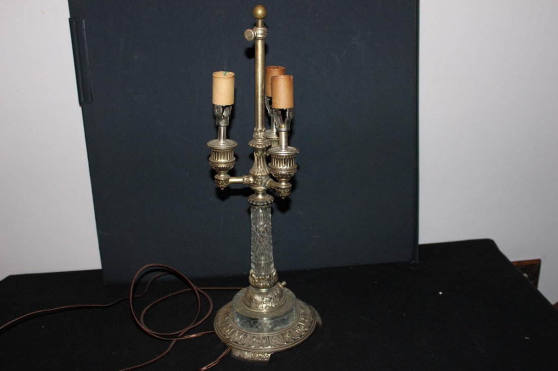 NICE THREE SOCKET PAIRPOINT LAMP BASE WITH CUT GLASS ST: NICE THREE SOCKET PAIRPOINT LAMP BASE WITH CUT GLASS STEM MOUNTED ON ETCHED GLASS AND SILVER PLATE - MINT