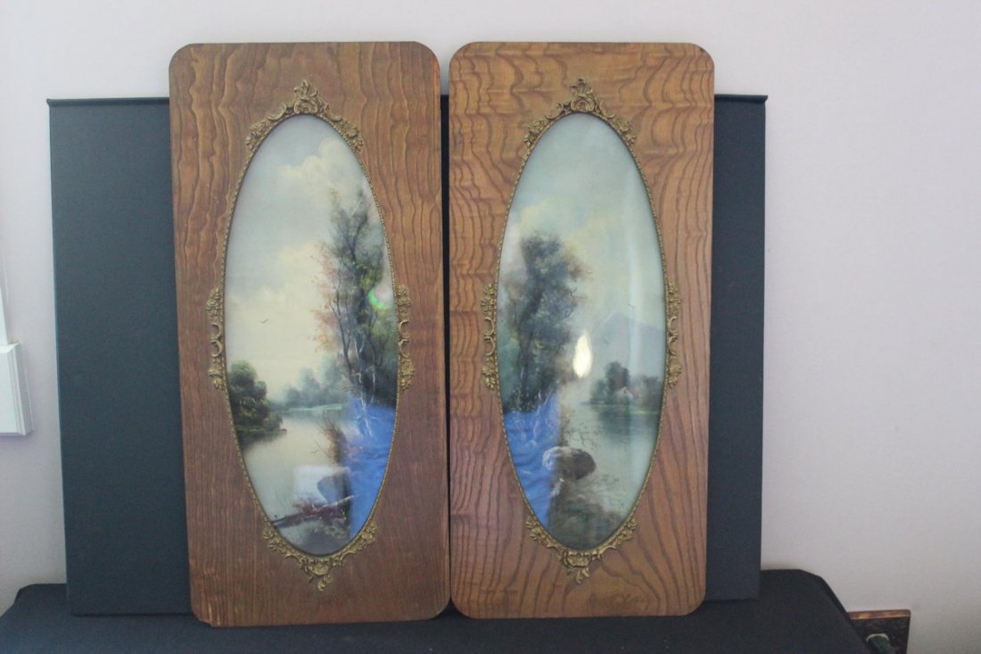 2 PASTEL WATERCOLORS - COUNTRY LAKE IN OAK FRAMES - SIG: 2 PASTEL WATERCOLORS - COUNTRY LAKE IN OAK FRAMES - SIGNED FRITIS - FRAMES 25.5 X 11.5