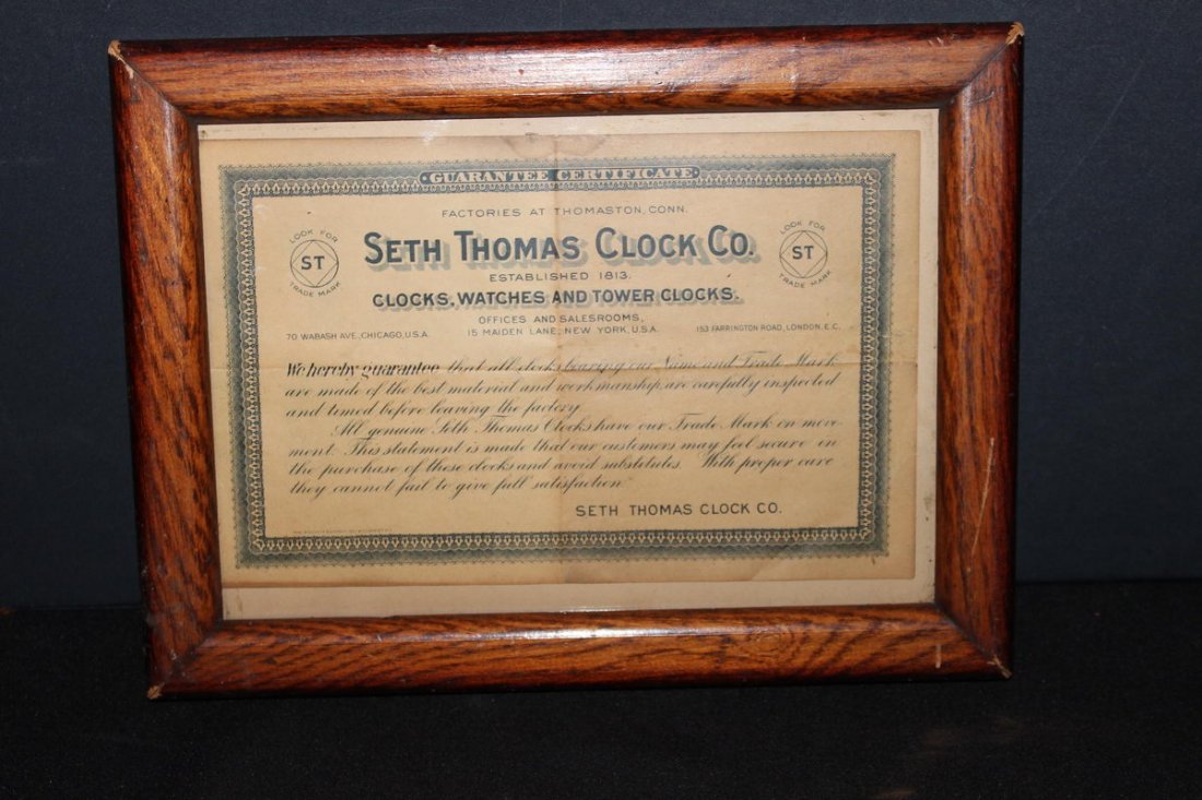 ORIGINAL SETH THOMAS GUARANTEE 11 X 9 CERTIFICATE: ORIGINAL SETH THOMAS GUARANTEE 11 X 9 CERTIFICATE