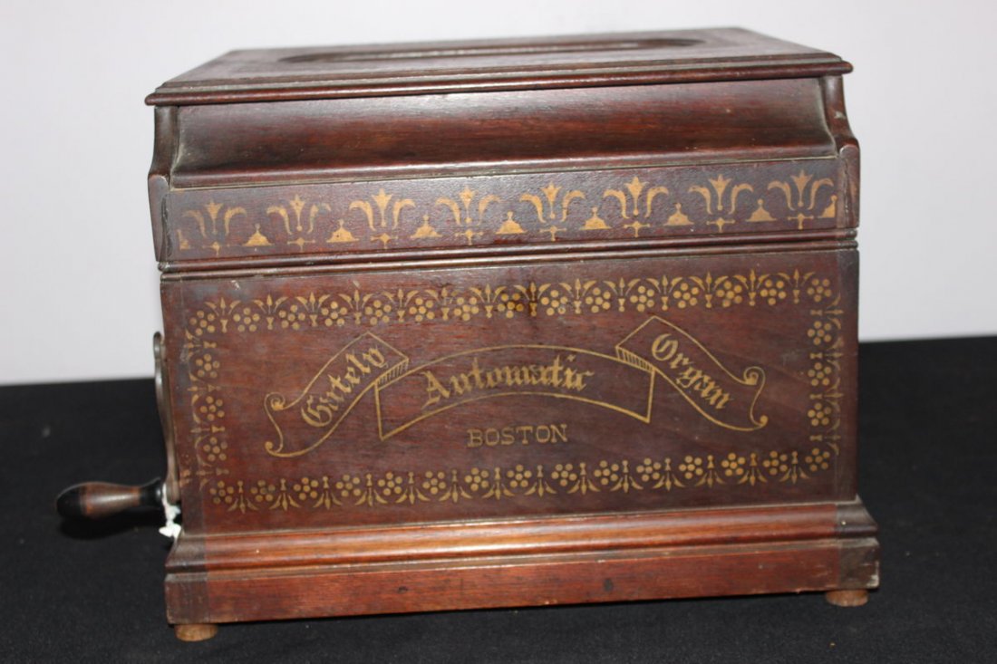 GREAT VICTORIAN PERIOD WALNUT CRANK ORGAN - WORKS GOOD: GREAT VICTORIAN PERIOD WALNUT CRANK ORGAN - WORKS GOOD NEAR MINT - GREAT STENCILING - 12" W X 10" H X 12" W