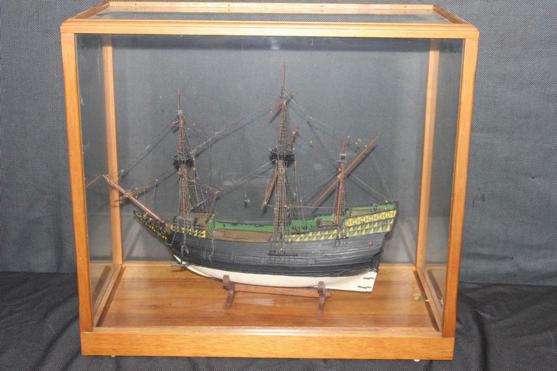 WOODEN SHIP ENCLOSED IN GLASS AND WOOD CASE - GOOD: WOODEN SHIP ENCLOSED IN GLASS AND WOOD CASE - GOOD CONDITION - 23.5 W X 21.5 H X 11.5