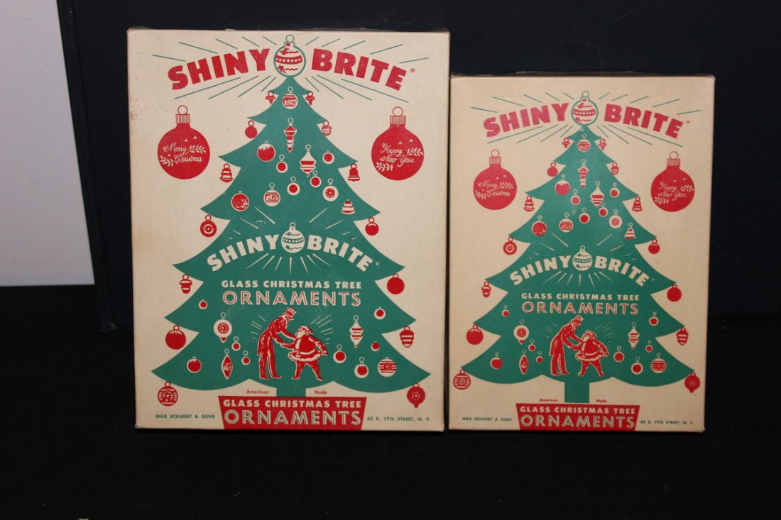 AMERICAN-MADE CHRISTMAS TREE ORNAMENTS BY SHINY BRITE: AMERICAN-MADE CHRISTMAS TREE ORNAMENTS BY SHINY BRITE IN ORIGINAL BOXES - ONE LARGE - ONE SMALL - ALL MINT CONDITION