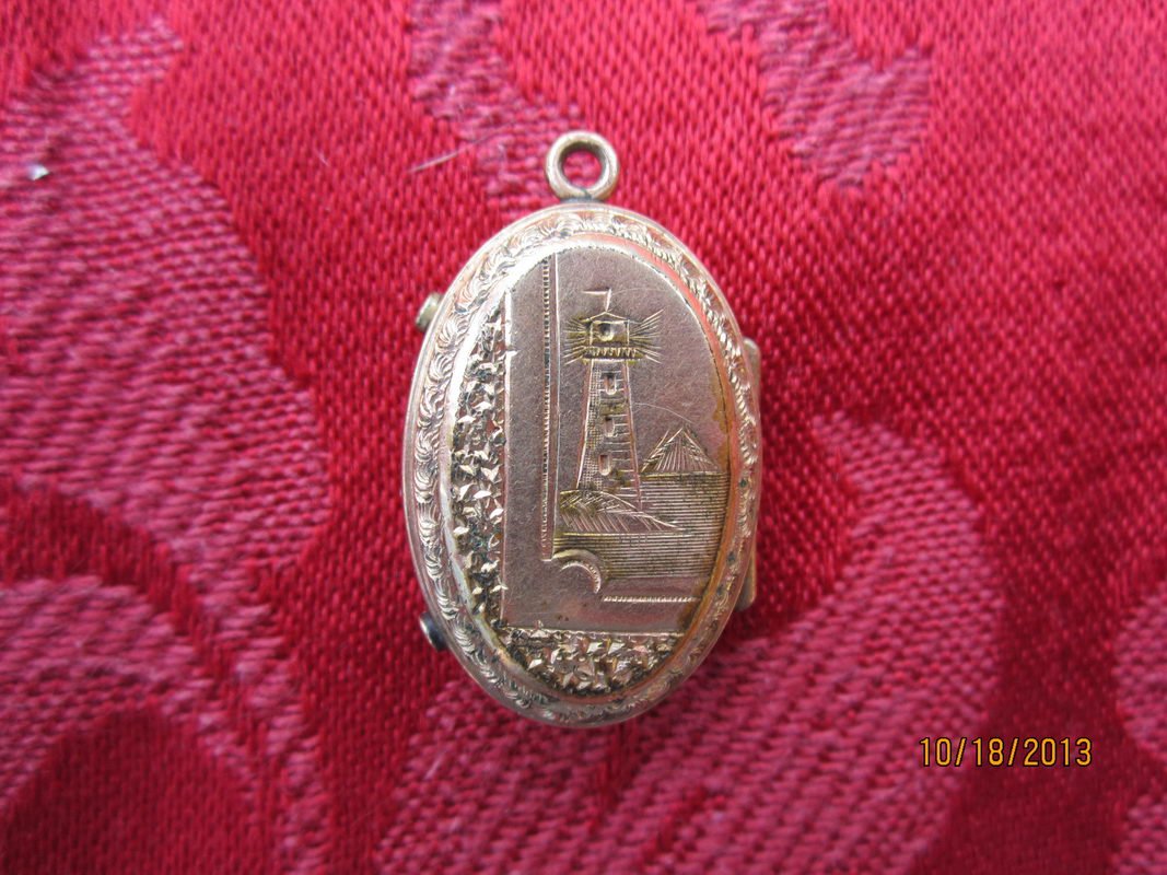 GREAT VICTORIAN GOLD FILLED LOCKET WITH ENGRAVED SHIP: GREAT VICTORIAN GOLD FILLED LOCKET WITH ENGRAVED SHIP AND LIGHTHOUSE ON ONE SIDE AND JEWELS ON THE OTHER