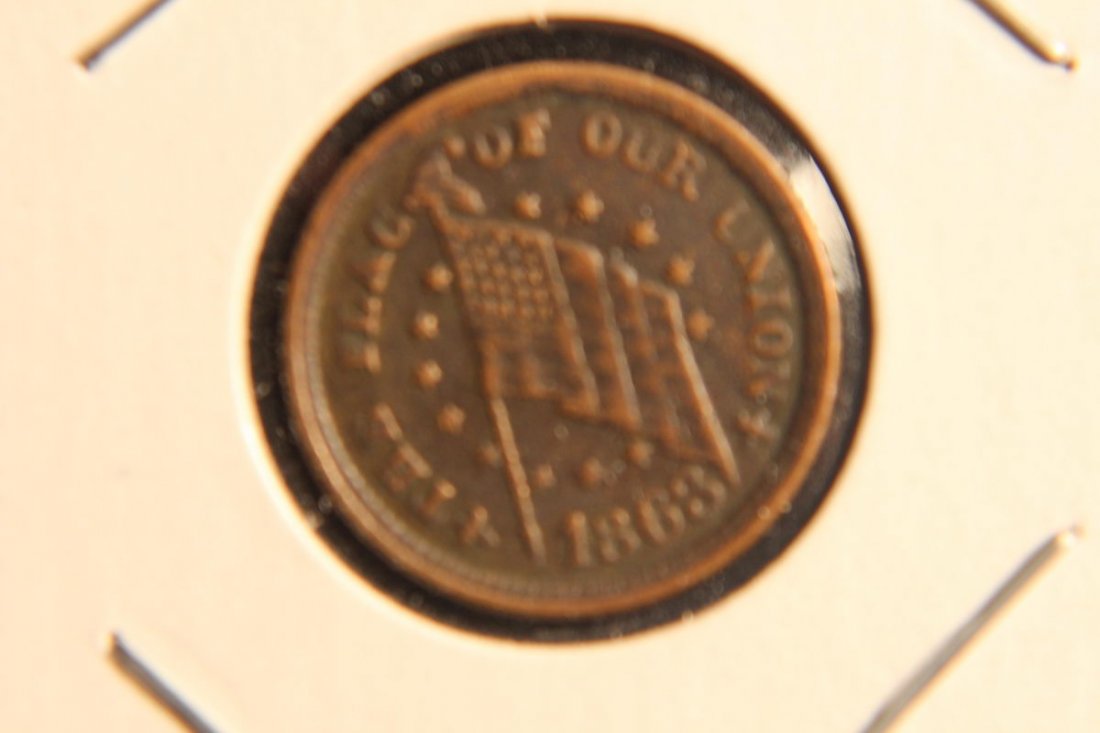 1863 - RARE NEAR MINT - UNION CIVIL WAR TOKEN COIN -: 1863 - RARE NEAR MINT - UNION CIVIL WAR TOKEN COIN - OBVERSE READS "THE FLAG OF OUR UNION" WITH AMERICAN FLAG IN CENTER AND DATED 1863 - REVERSE READS "IF ANYBODY ATTEMPTS TO TEAR DOWN SHOOT HIM ON TH