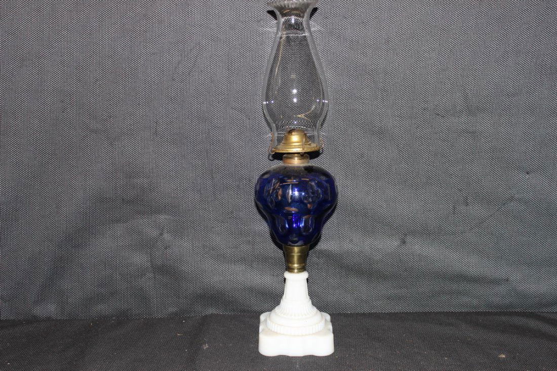 BEAUTIFUL ALL ORIGINAL CUT GLASS FOUNT BLUE TO CASED: BEAUTIFUL ALL ORIGINAL CUT GLASS FOUNT BLUE TO CASED MILK GLASS 18" TALL - KERO LAMP