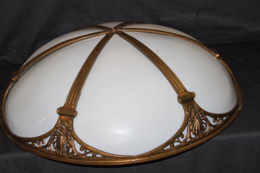 THE REAL DEAL AMAZING HOTEL HANGING CEILING FIXTURES -: THE REAL DEAL AMAZING HOTEL HANGING CEILING FIXTURES - WHITE THICK GLASS TRIMMED IN BRONZE - MINT 27" ACROSS 8" HIGH - TOTAL OF THREE - WT. 19 LBS. - MATCHES LOT 70