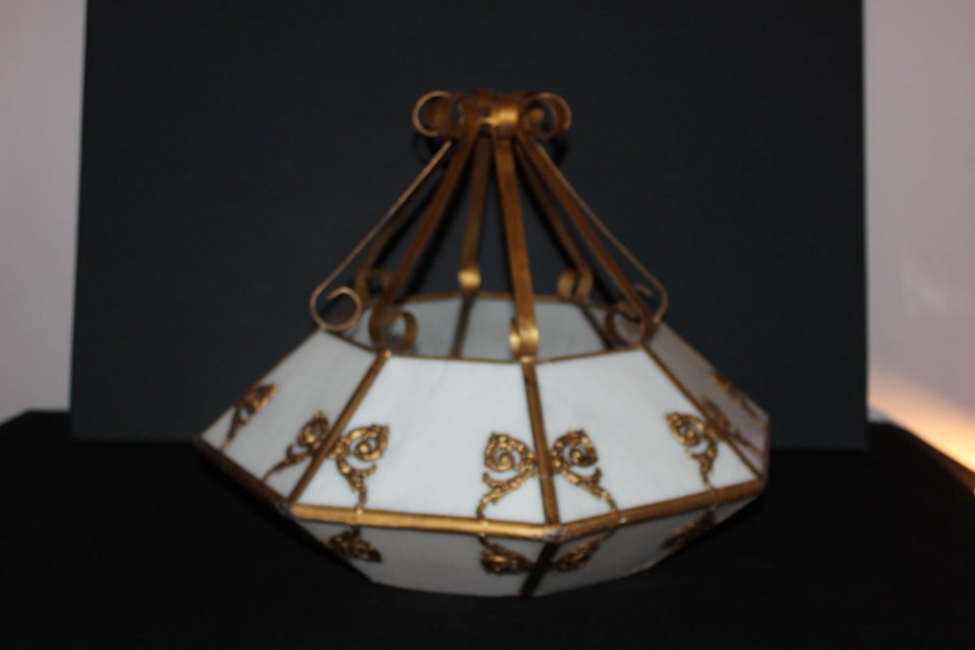 WONDERFUL & UNUSUAL HANGING LIGHT FIXTURE W/ 16 PANELS: WONDERFUL & UNUSUAL HANGING LIGHT FIXTURE W/ 16 PANELS ORNATELY SET IN BRASS & SHAPED - MINT CONDITION - ONE-OF-A-KIND - PROBABLY HOTEL ENTRYWAY - 14" TALL 17" WIDE
